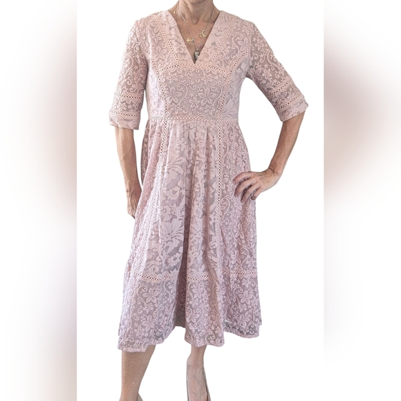 Brass & Roe Blush Pink Lace Midi Dress M Romantic Cottagecore Spring Wedding - Picture 2 of 13